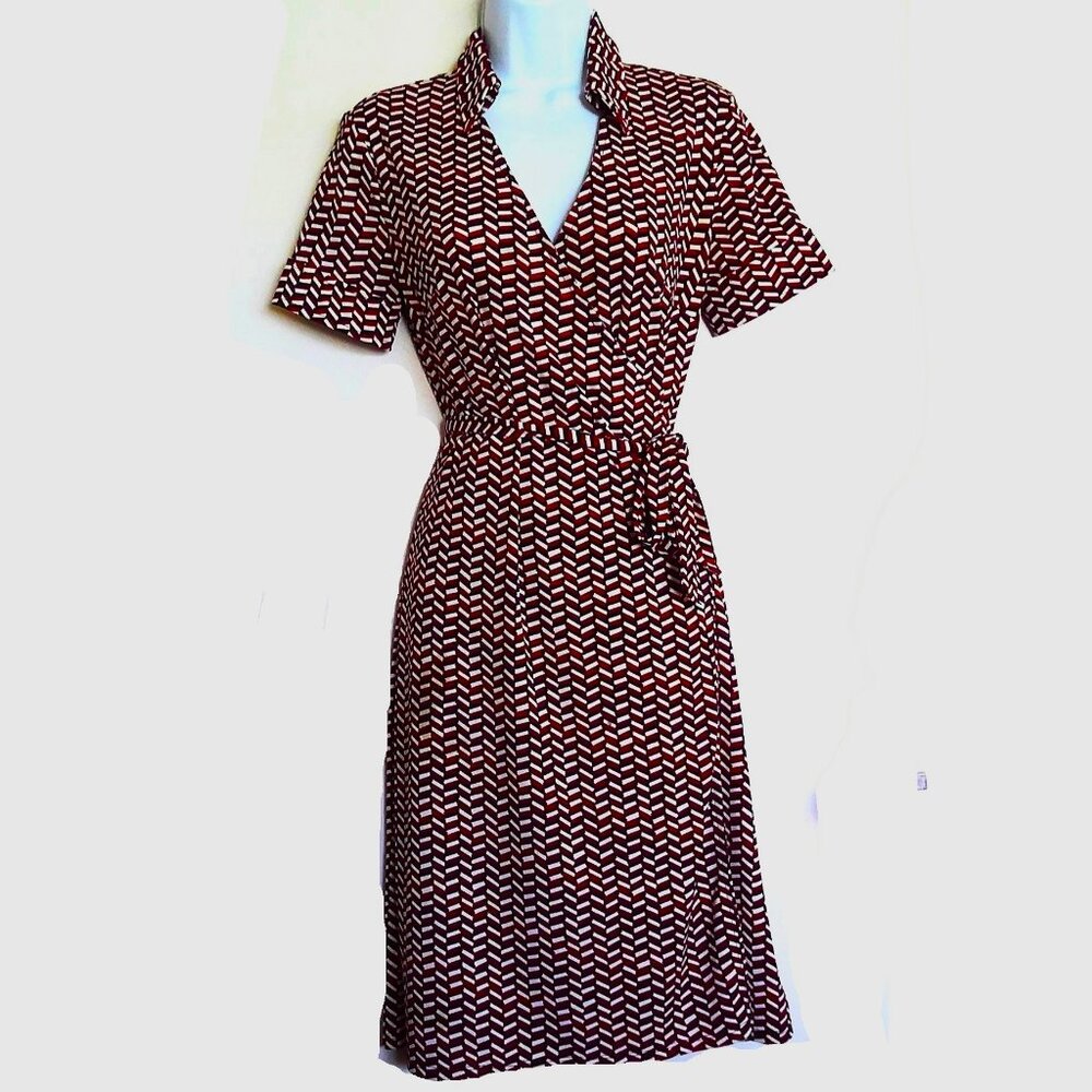 LOFT Stretchy Red, Black and White Patterned V Neck Midi Dress